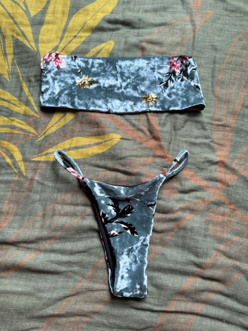 Green Velvet Floral Bikini Set